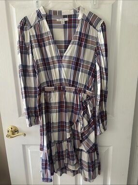 Rails White Plaid Long Sleeve Wrap Dress with Blue & Red Stripes